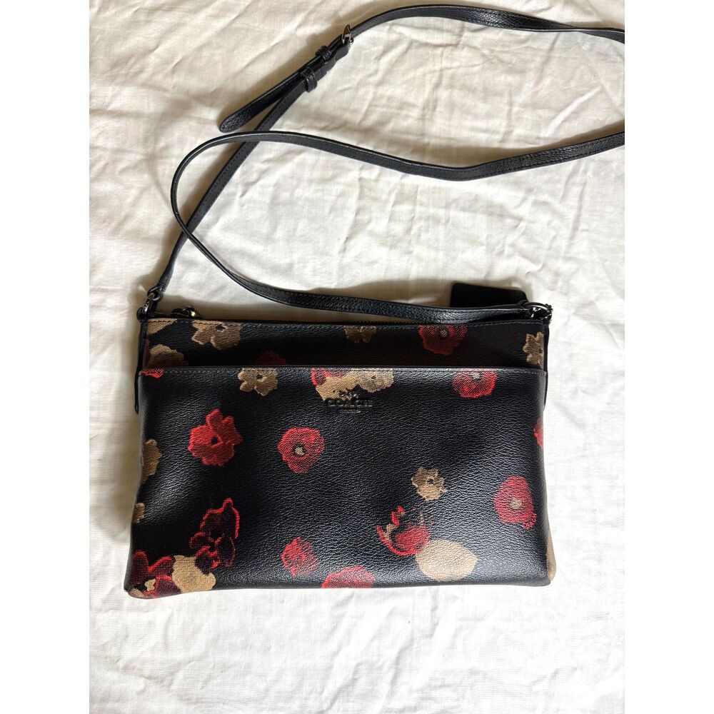 Coach Floral Crossbody Bag – Chic Black with Red & Gold Blooms